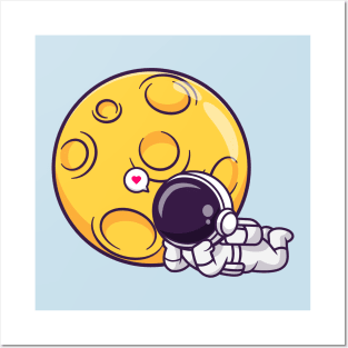 Cute Astronaut Laying Down With Moon Cartoon Posters and Art